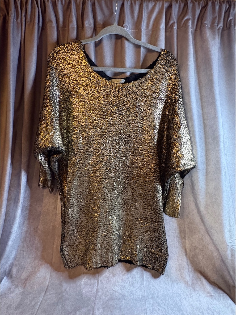 Vintage Alberto Makali Gold Sequin Metallic Knit Tunic Top Size M Dolman Sleeve